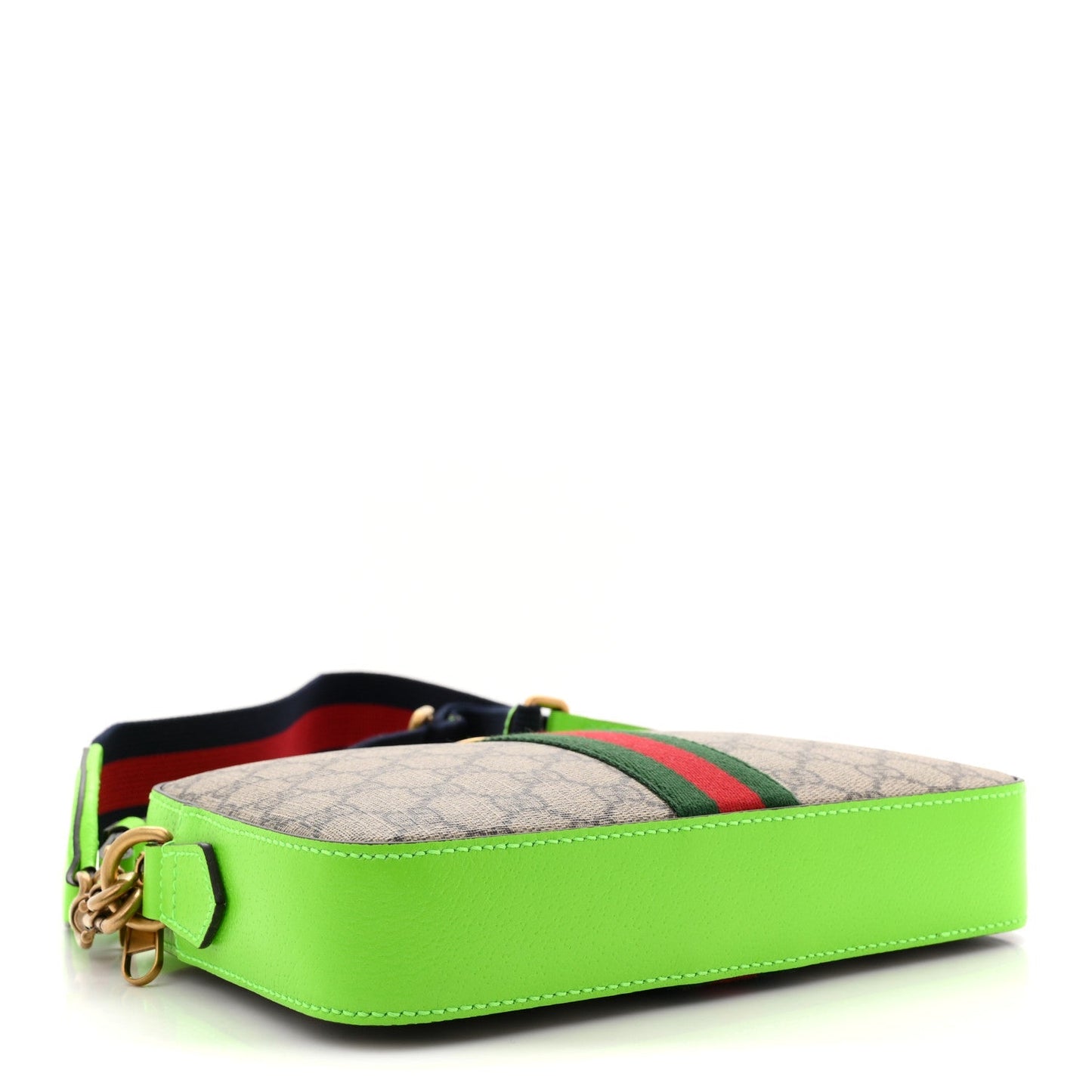 GG Supreme Monogram Textured Dollar Calfskin Web Ophidia Wristlet Shoulder Bag Beige Ebony Green