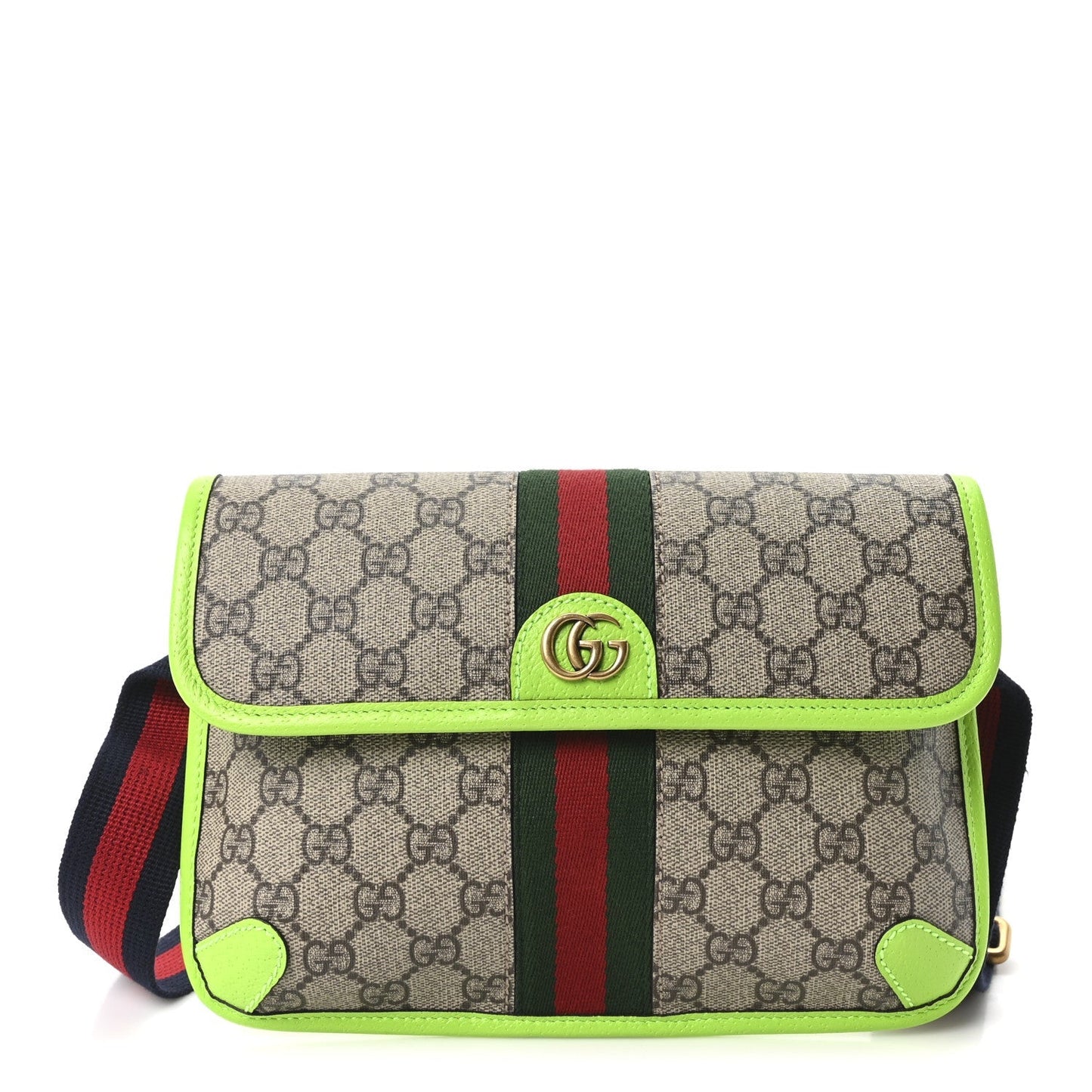 GG Supreme Monogram Web Small Ophidia Belt Bag Beige Ebony Electric Green