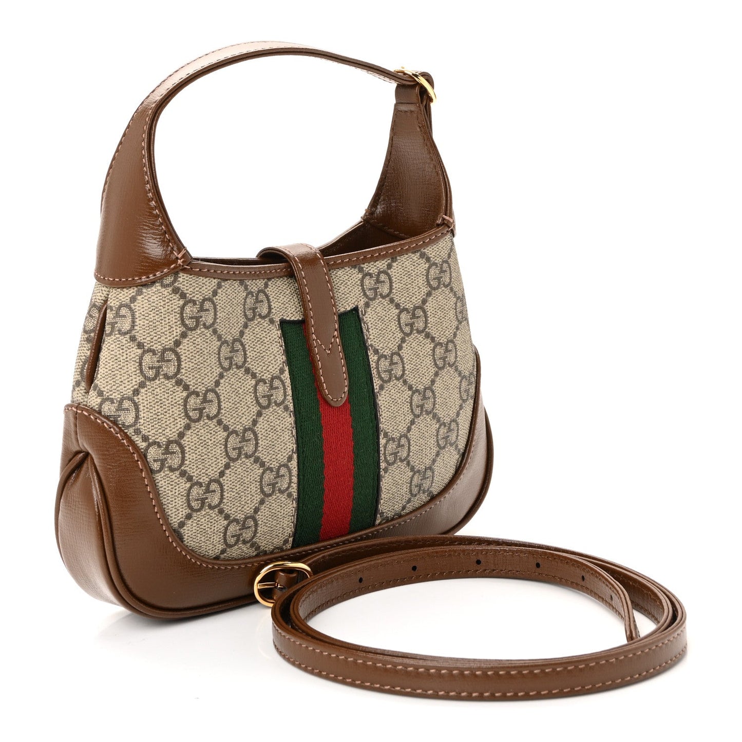 GG Supreme Monogram Azalea Calfskin Web Mini Jackie 1961 Hobo Beige Ebony Brown Sugar