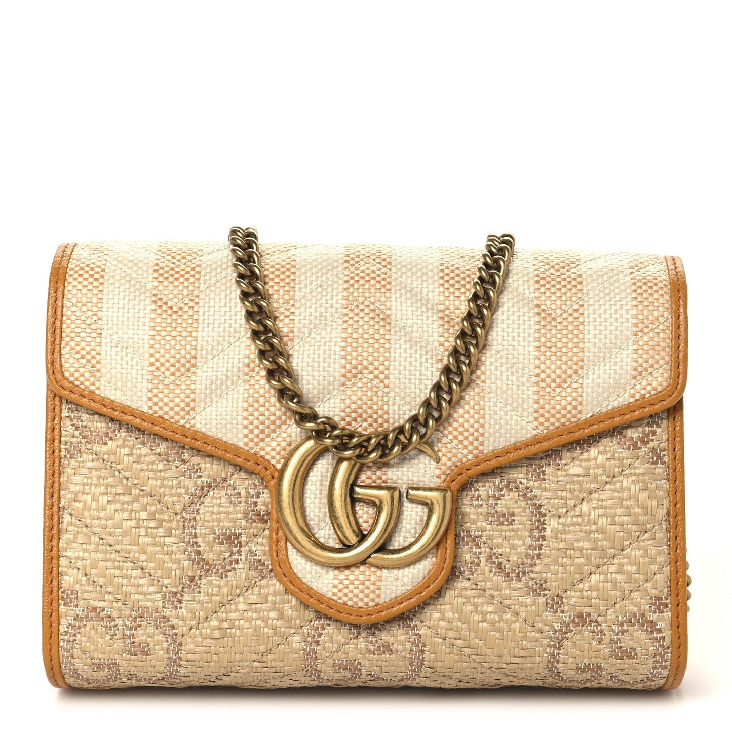 Raffia GG Monogram Matelasse GG Marmont Chain Wallet Natural Beige Off White Sun Oil
