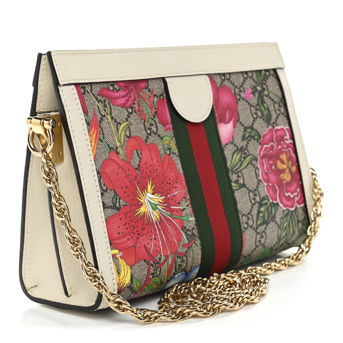 GG Supreme Monogram Flora Web Small Ophidia Chain Shoulder Bag White