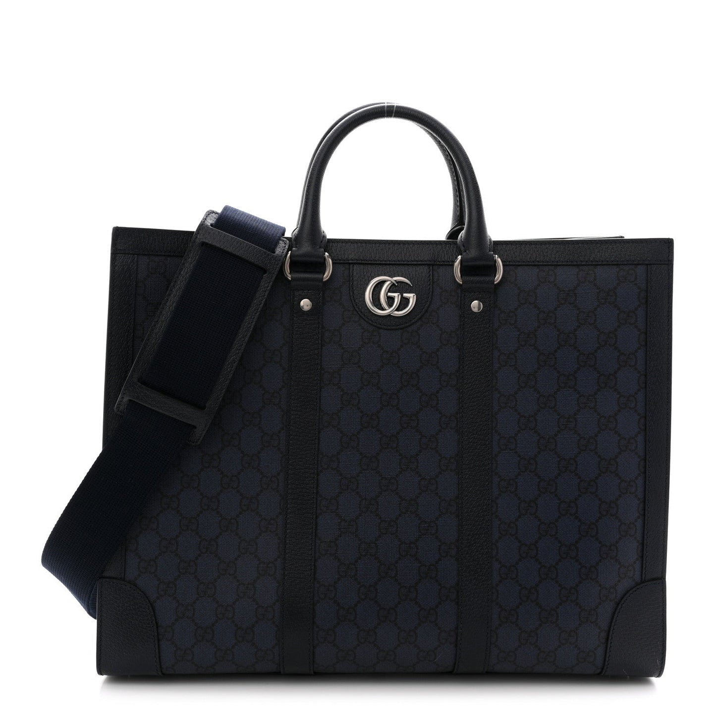 GG Supreme Monogram Textured Dollar Calfskin Large Ophidia Tote Bag Black Blue