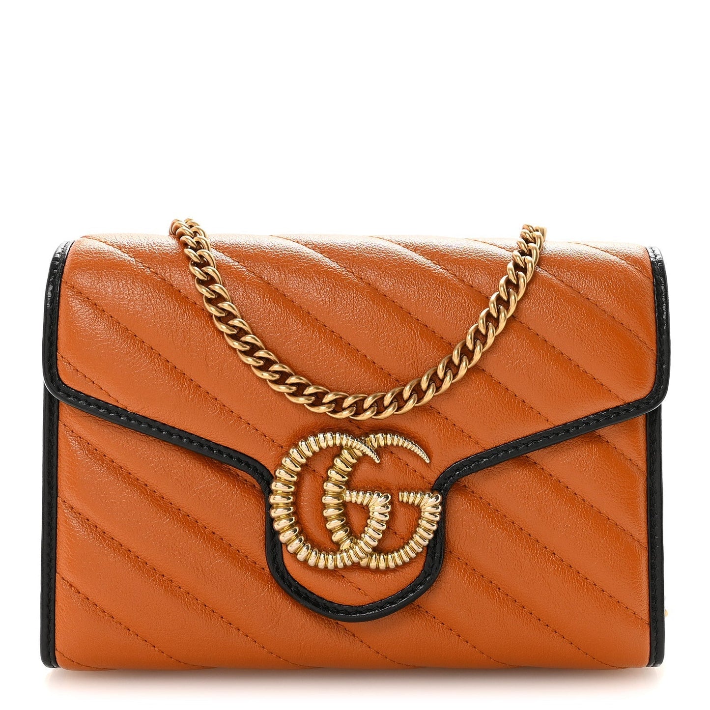 Vintage Effect Calfskin Matelasse Diagonal Torchon GG Marmont Chain Wallet Cognac