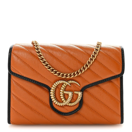 Vintage Effect Calfskin Matelasse Diagonal Torchon GG Marmont Chain Wallet Cognac