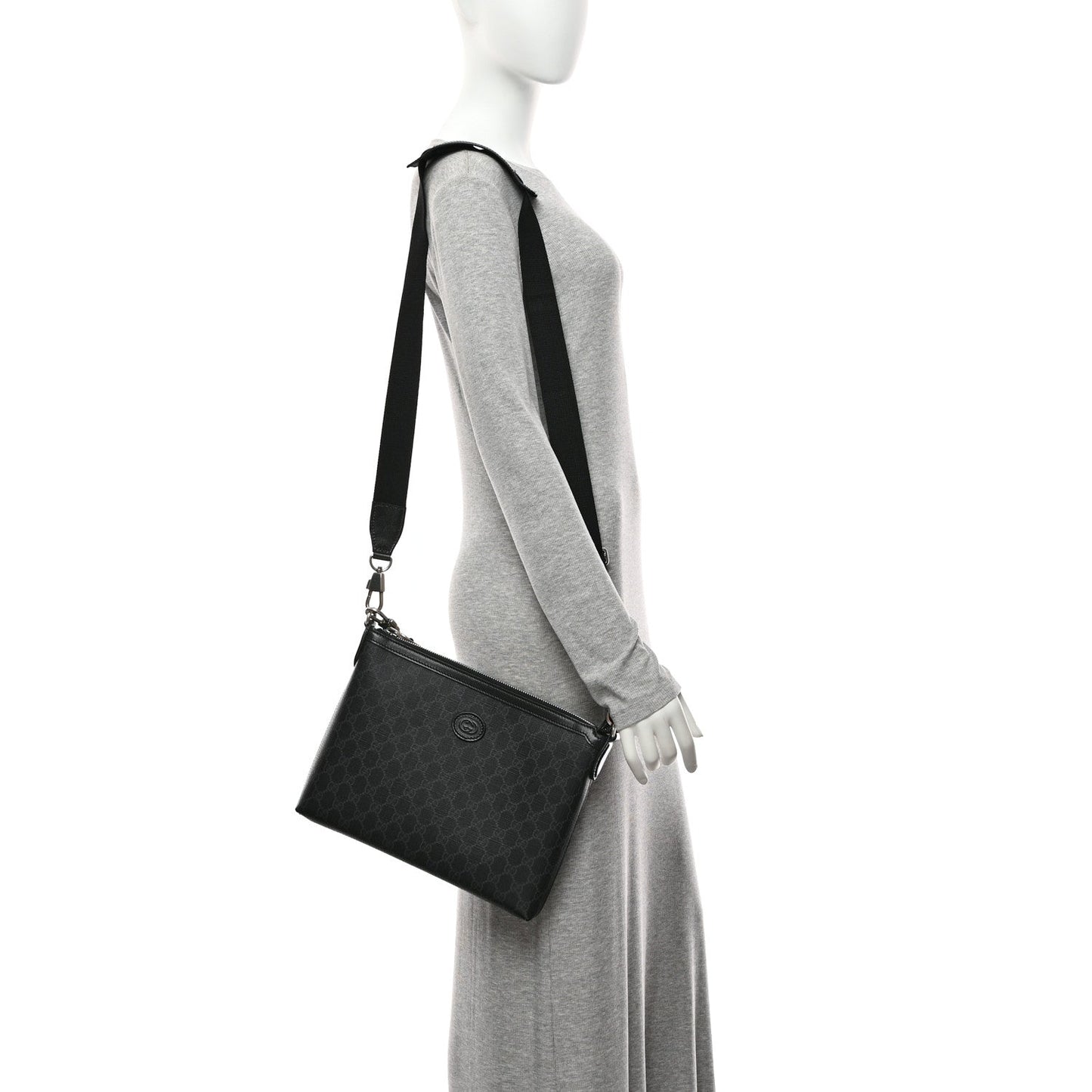 GG Supreme Monogram Azalea Calfskin Retro Interlocking G Wristlet Messenger Bag Black