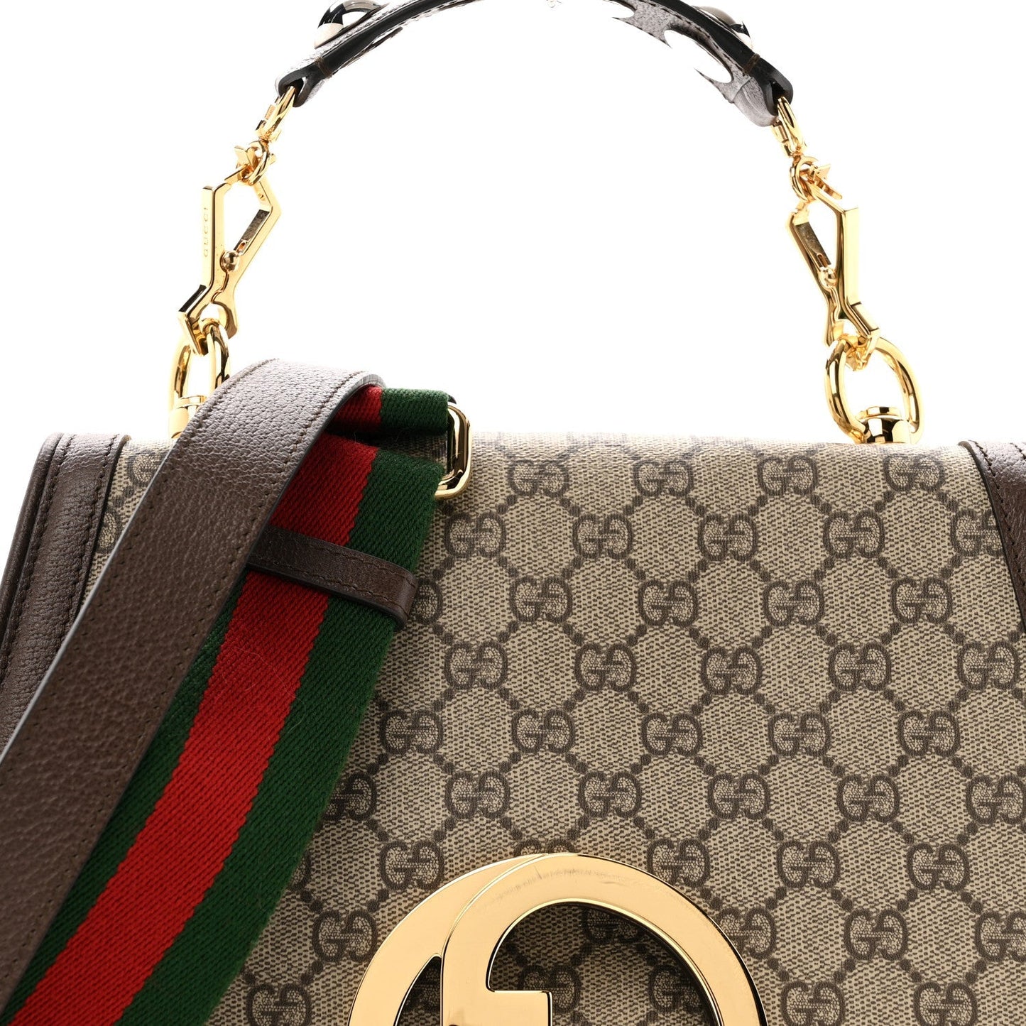 GG Supreme Monogram Textured Dollar Calfskin Web Medium Blondie Top Handle Shoulder Flap Bag Beige Ebony New Acero