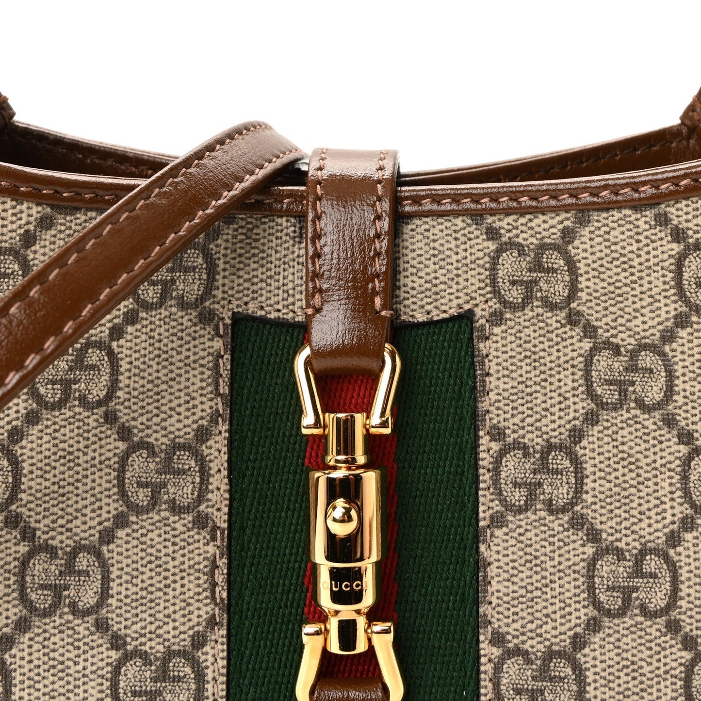 GG Supreme Monogram Azalea Calfskin Web Mini Jackie 1961 Hobo Beige Ebony Brown Sugar