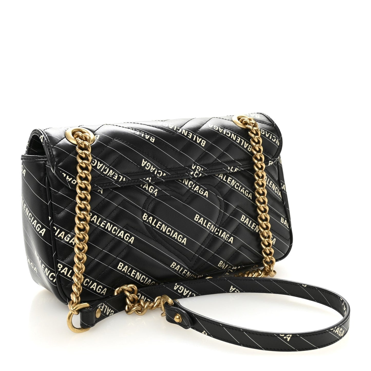 X BALENCIAGA Calfskin Matelasse Logo Print Small GG Marmont Shoulder Bag Black