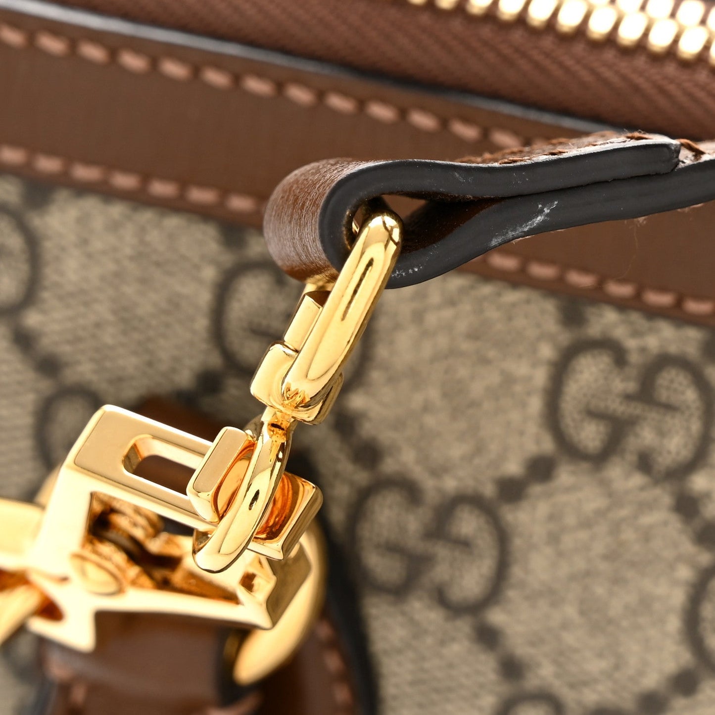 GG Supreme Monogram Azalea Calfskin Small Horsebit 1955 Top Handle Bag Beige Ebony Brown Sugar