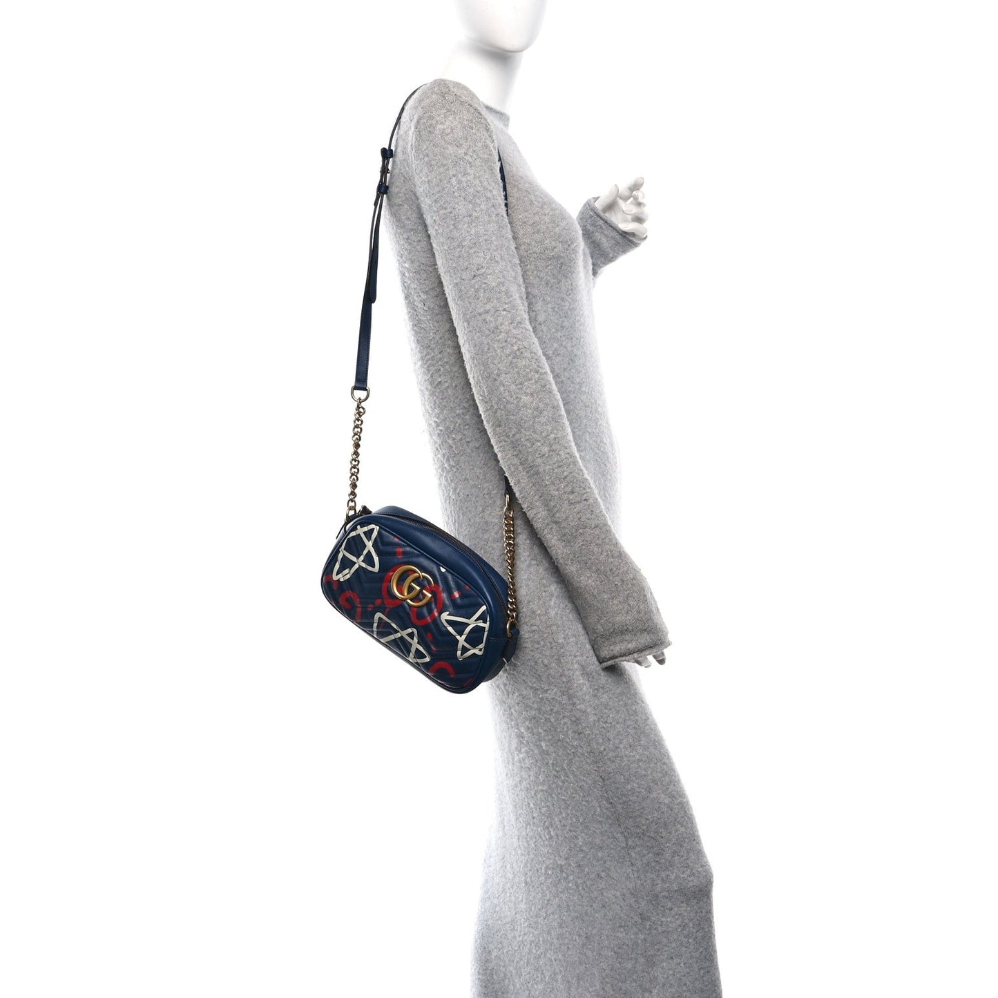 Calfskin Matelasse GucciGhost Small GG Marmont Chain Shoulder Bag  Black Hibiscus Red