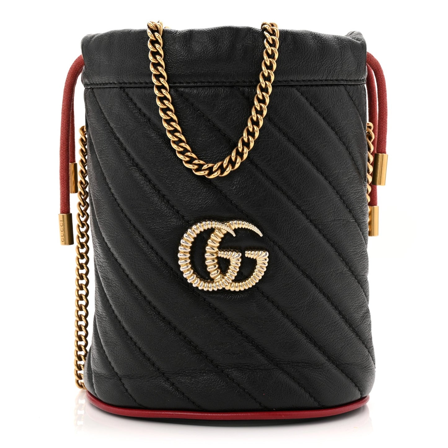 Vintage Effect Calfskin Matelasse Diagonal Mini Torchon GG Marmont 2.0 Bucket Bag Black Romantic Cherry