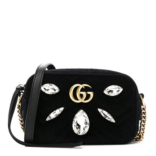 Velvet Matelasse Marquise Crystals Mini GG Marmont Chain Shoulder Bag Black