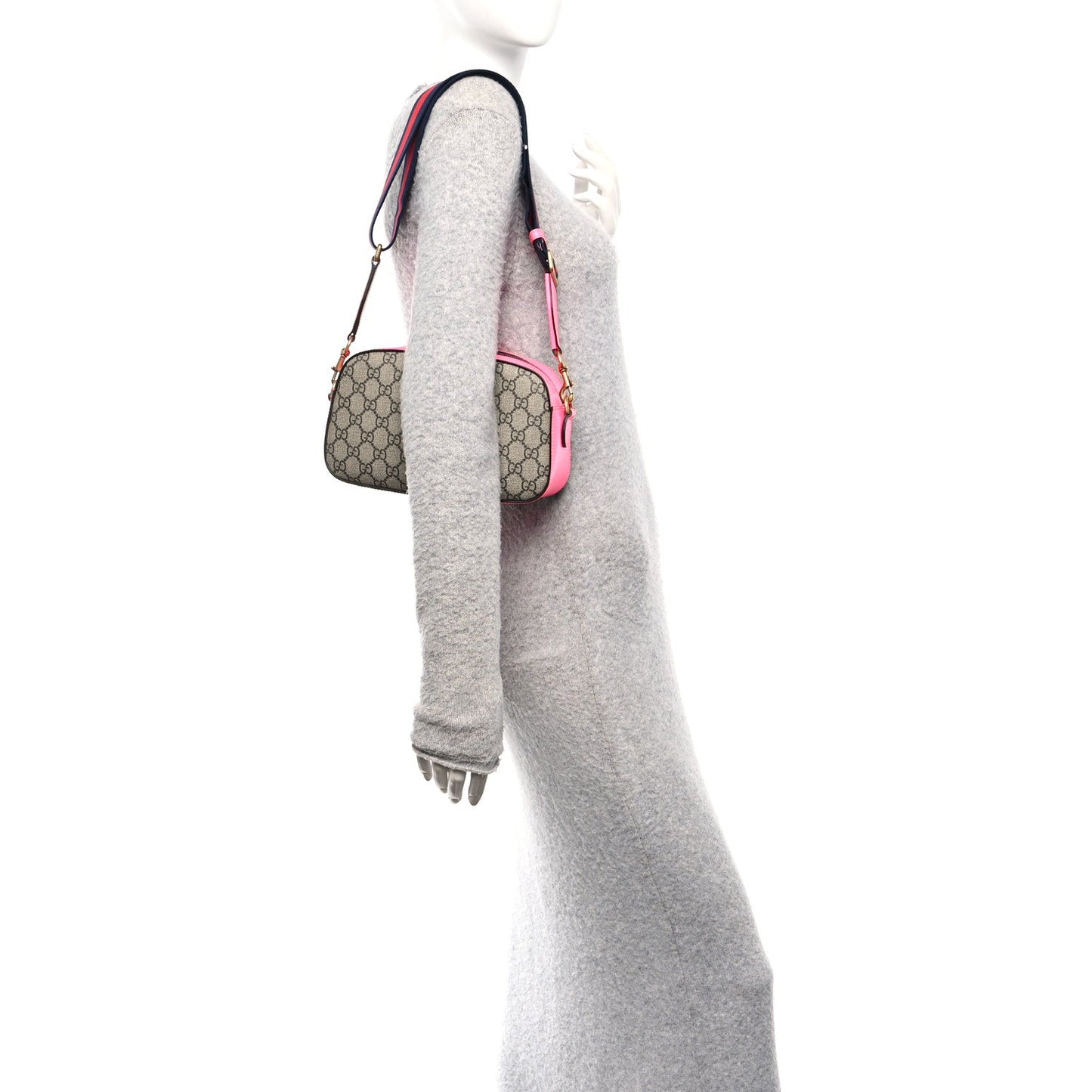 GG Supreme Monogram Textured Dollar Calfskin Web Ophidia Small Crossbody Bag Beige Ebony Fuchsia