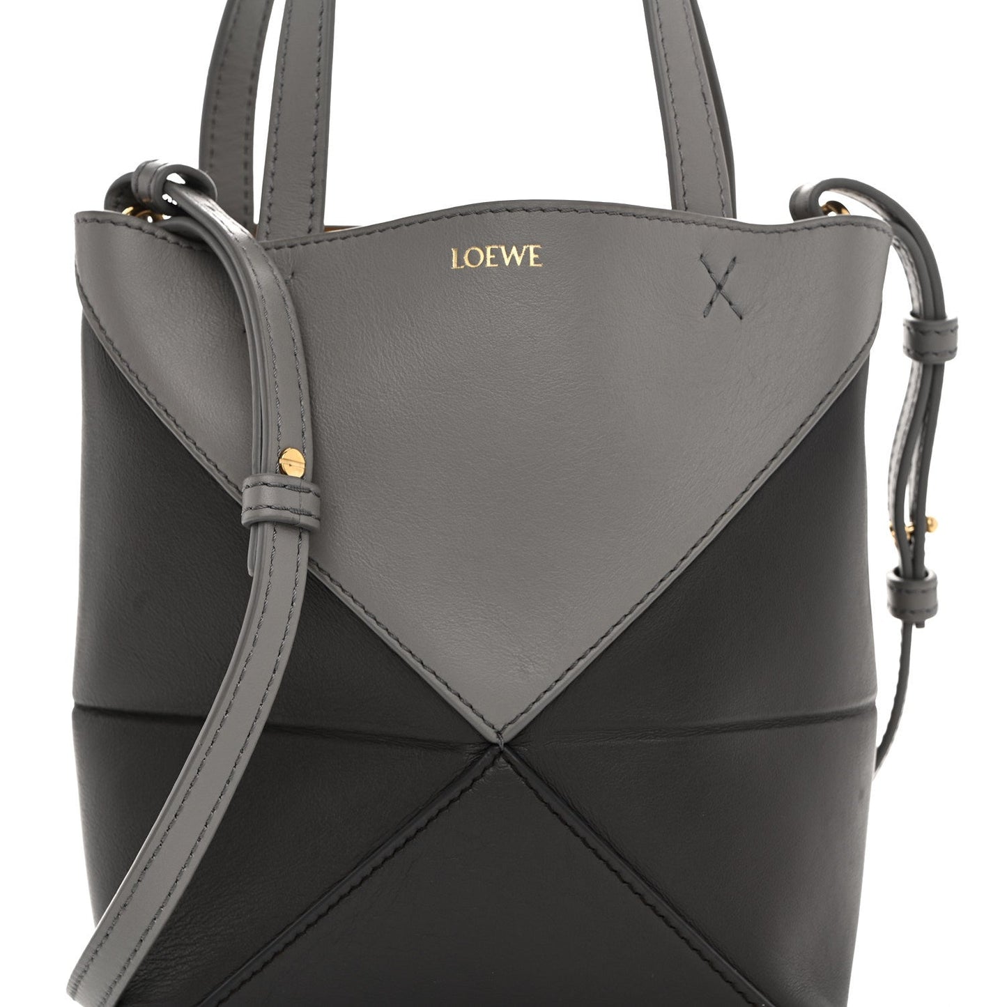 Shiny Calfskin Mini Puzzle Fold Tote Pearl Grey Dark Grey