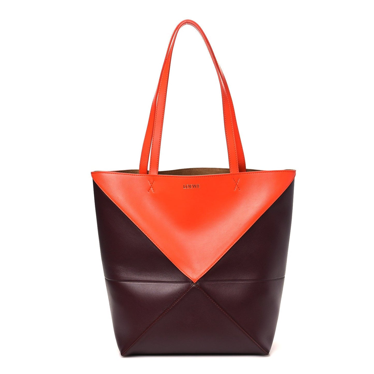 Shiny Calfskin Medium Puzzle Fold Tote Burgundy Orange