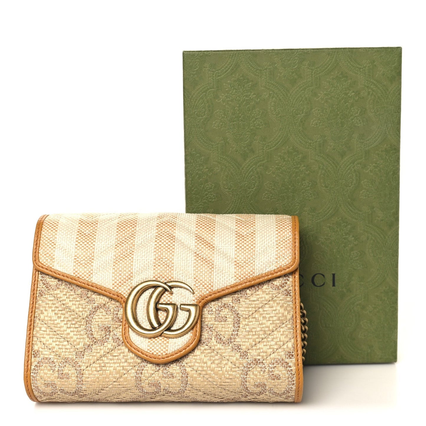 Raffia GG Monogram Matelasse GG Marmont Chain Wallet Natural Beige Off White Sun Oil