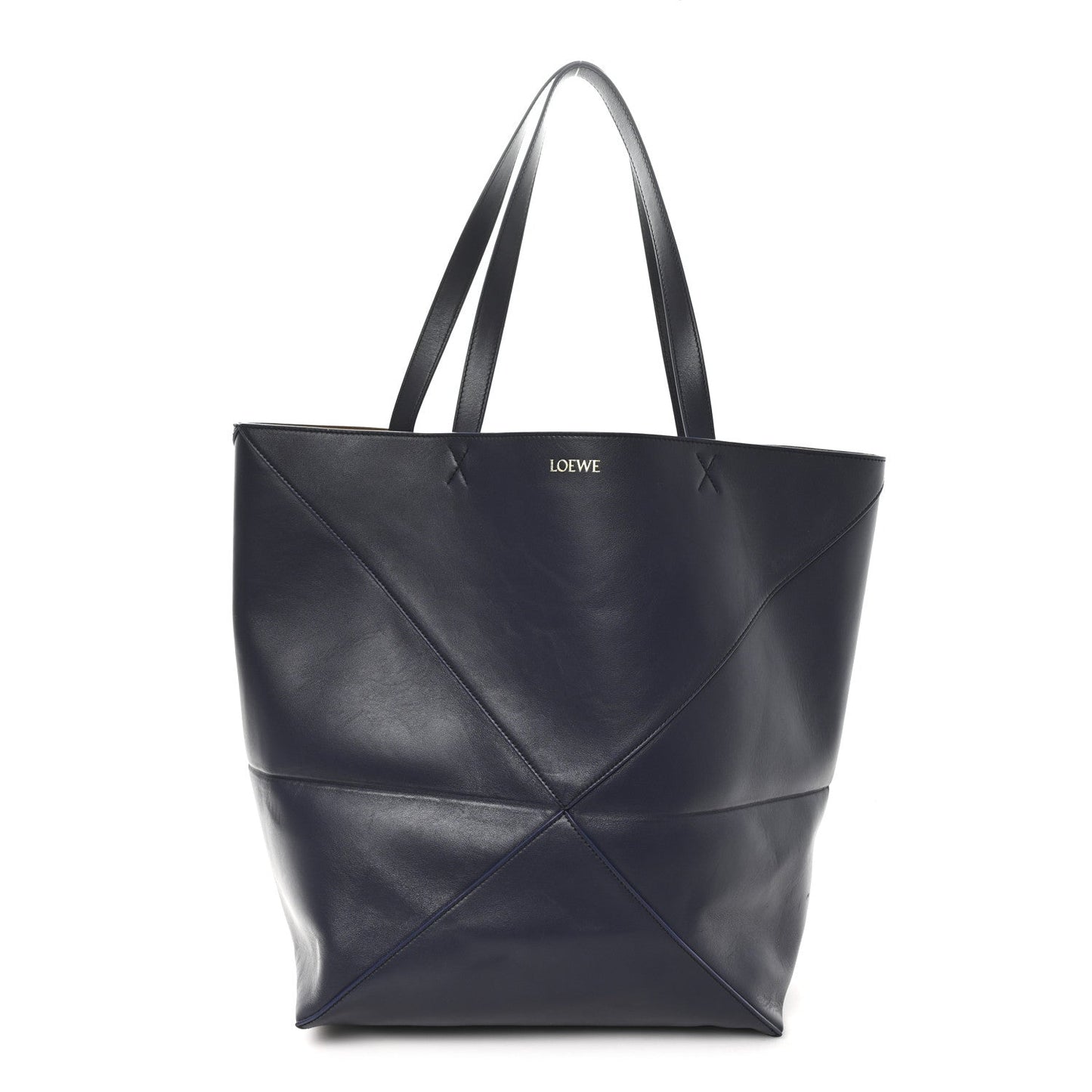Shiny Calfskin Large Puzzle Fold Tote Abyss Blue