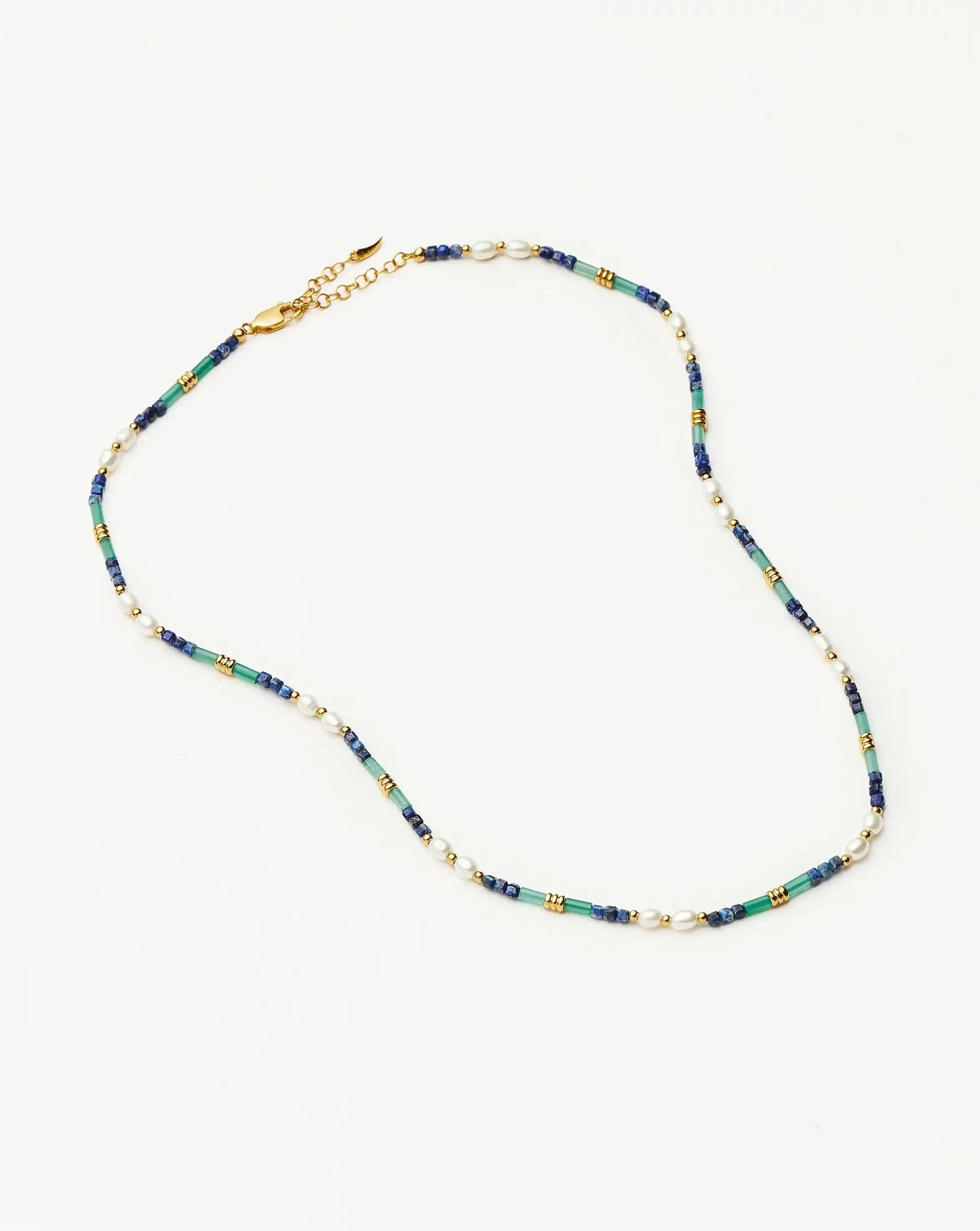 Beaded Gemstone & Pearl Short Necklace | 18k Gold Plated/Lagoon Blue