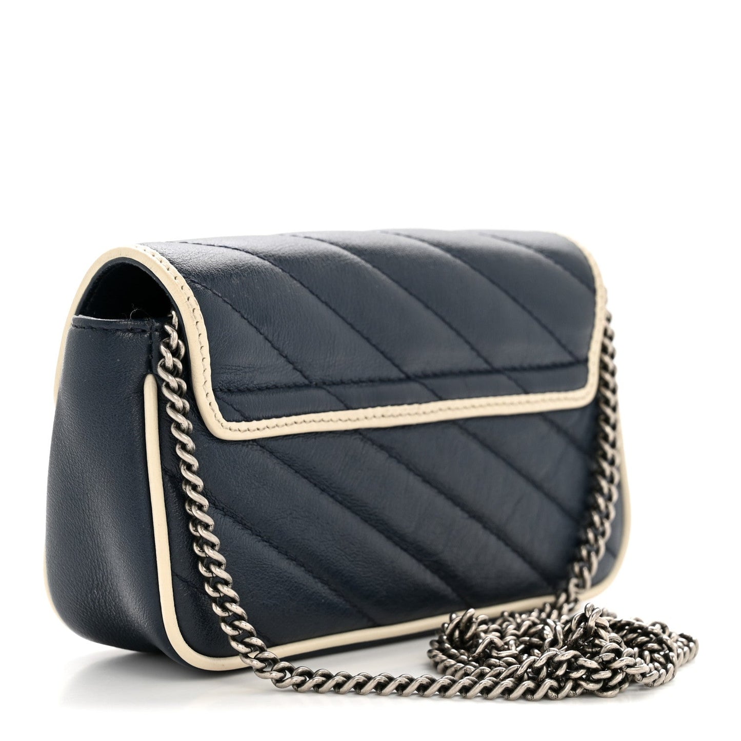 Vintage Effect Calfskin Matelasse Diagonal Super Mini Torchon GG Marmont Shoulder Bag Blue Agata Mystic White