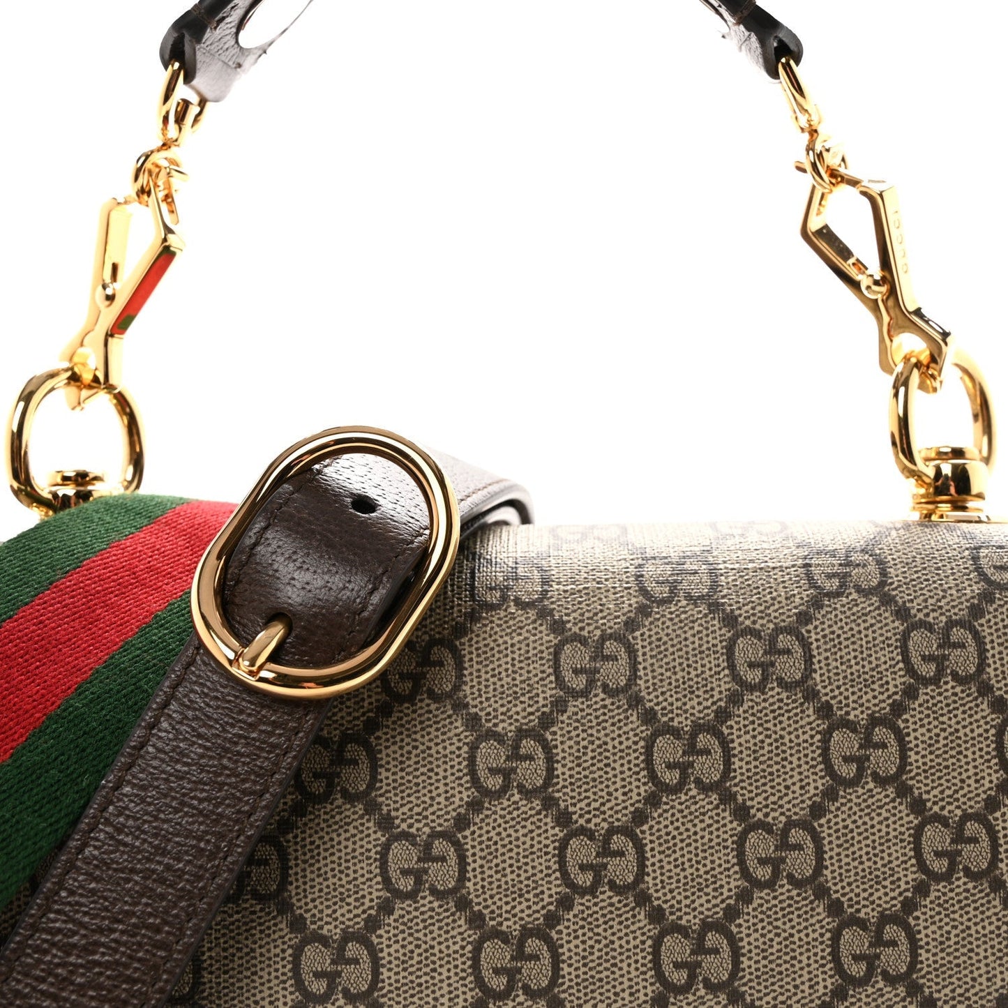 GG Supreme Monogram Textured Dollar Calfskin Web Medium Blondie Top Handle Shoulder Flap Bag Beige Ebony New Acero
