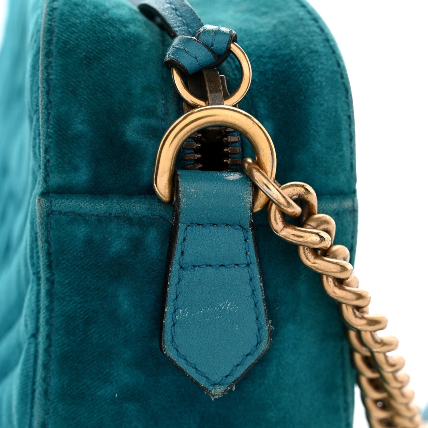 Velvet Matelasse Small GG Marmont Chain Shoulder Bag Pavone Cyan