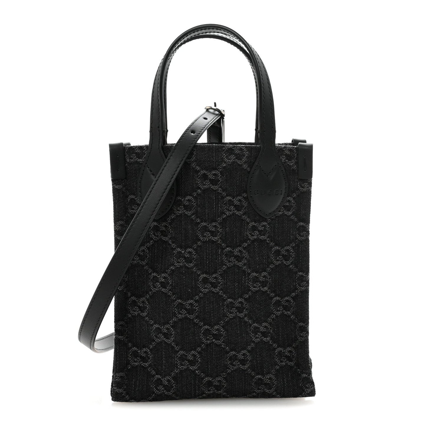 Denim Cuoio Harness GG Monogram Mini Ophidia Tote Bag  Black Medium Grey