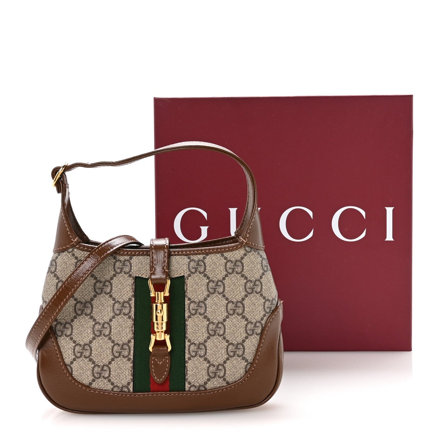 GG Supreme Monogram Azalea Calfskin Web Mini Jackie 1961 Hobo Beige Ebony Brown Sugar