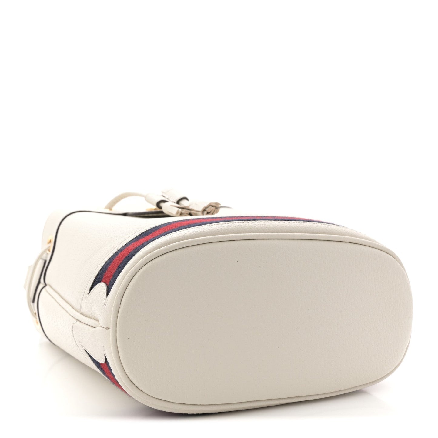Glazed Textured Calfskin Web Small Ophidia Bucket Bag Mystic White