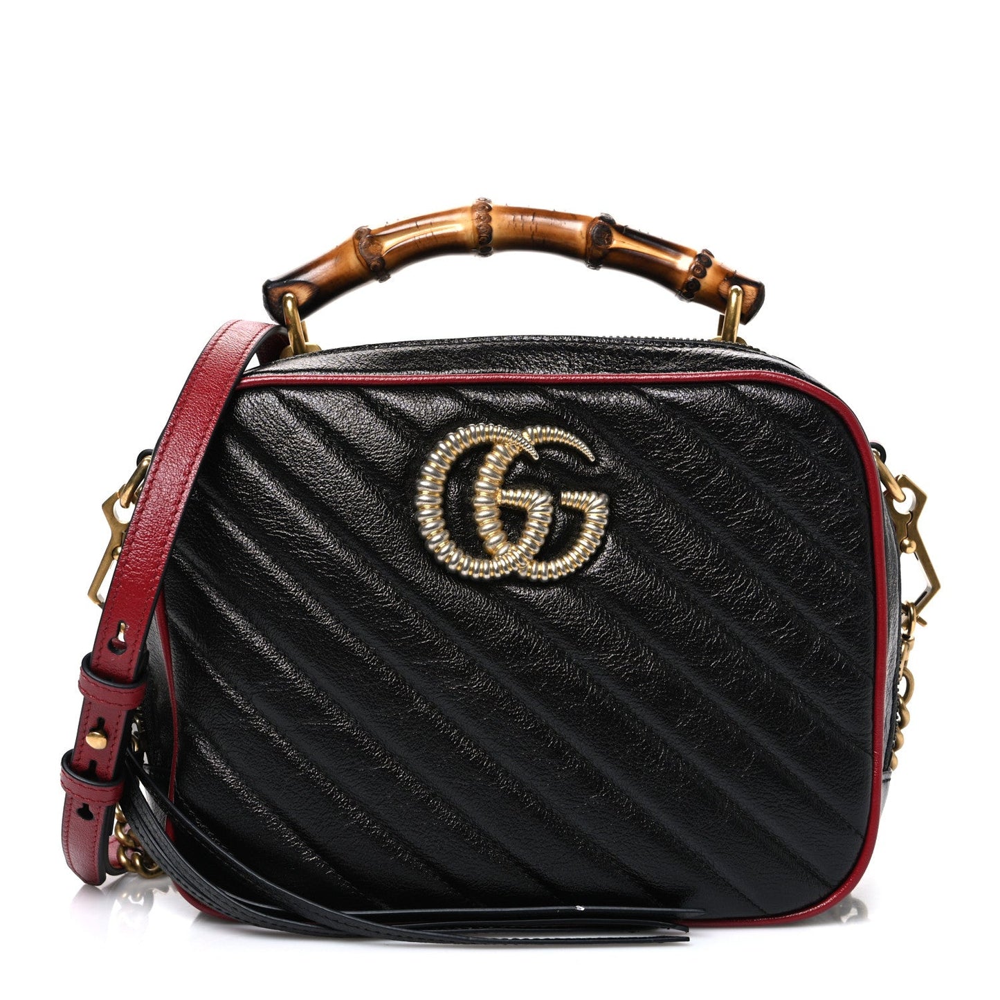 Vintage Effect Calfskin Matelasse Diagonal Small Torchon GG Marmont Bamboo Top Handle Shoulder Bag Black Romantic Cherry