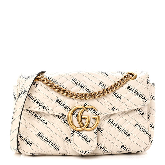 X BALENCIAGA Calfskin Matelasse Logo Print Small GG Marmont Shoulder Bag White