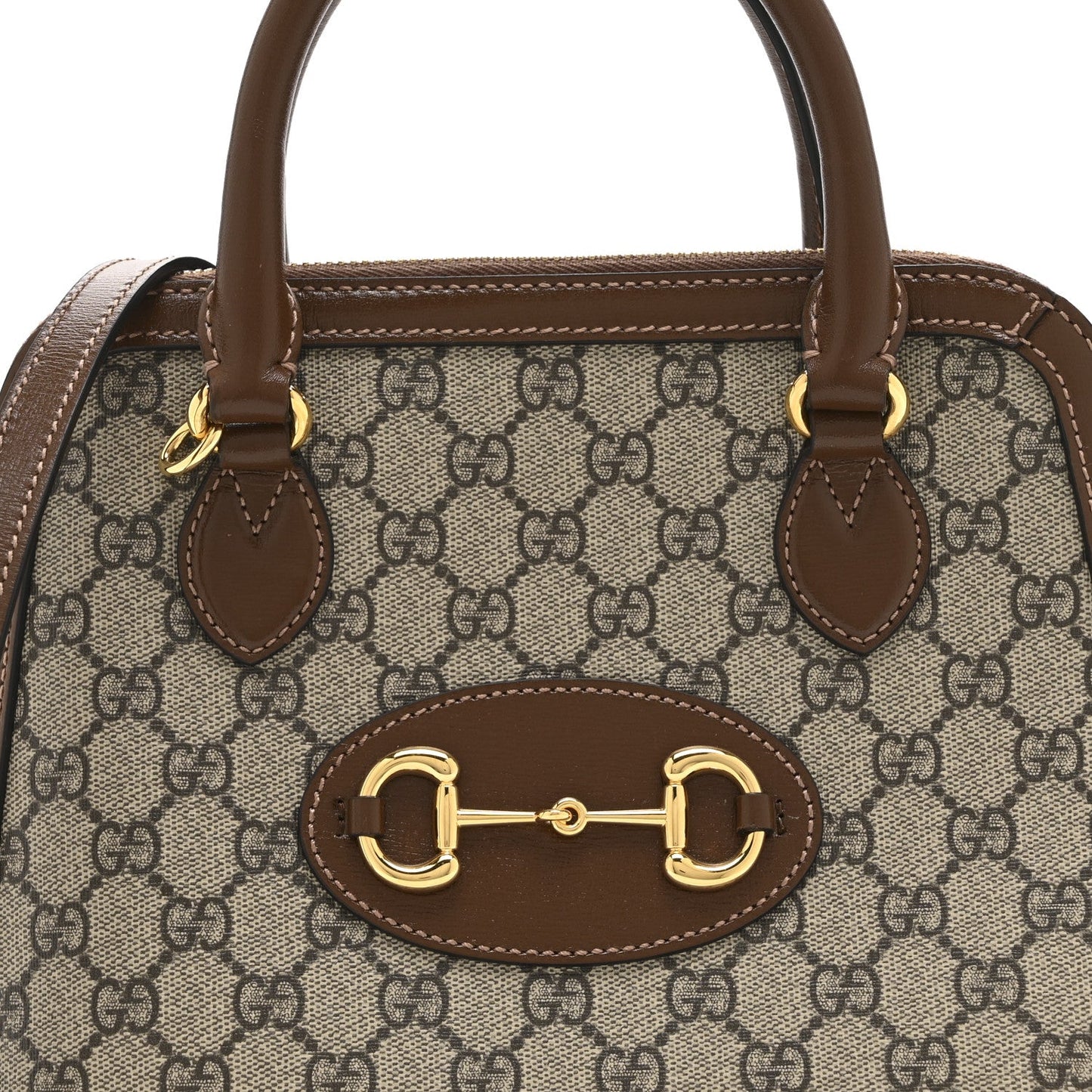 GG Supreme Monogram Azalea Calfskin Small Horsebit 1955 Top Handle Bag Beige Ebony Brown Sugar