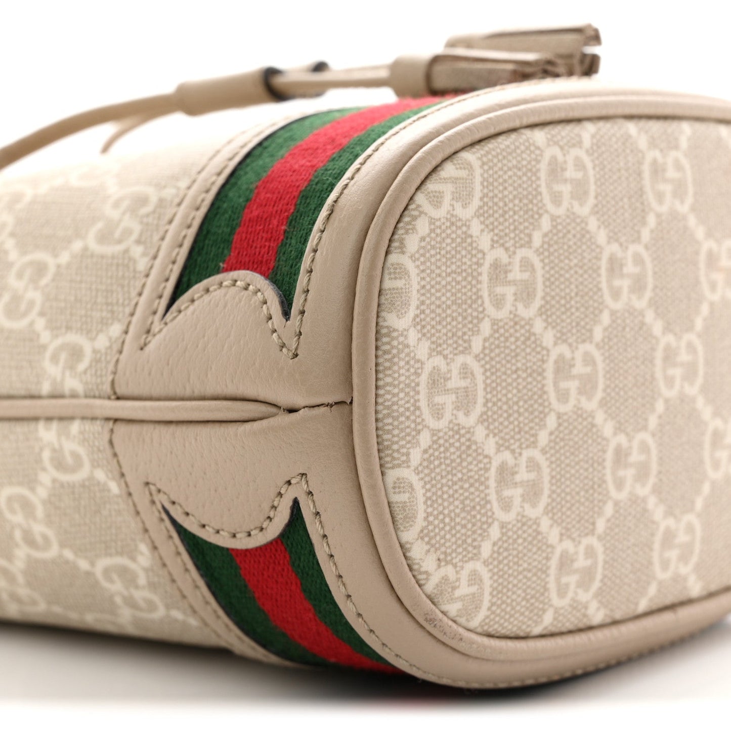 GG Supreme Monogram Textured Calfskin Web Mini Ophidia Bucket Bag Beige Ebony Mystic White Oatmeal