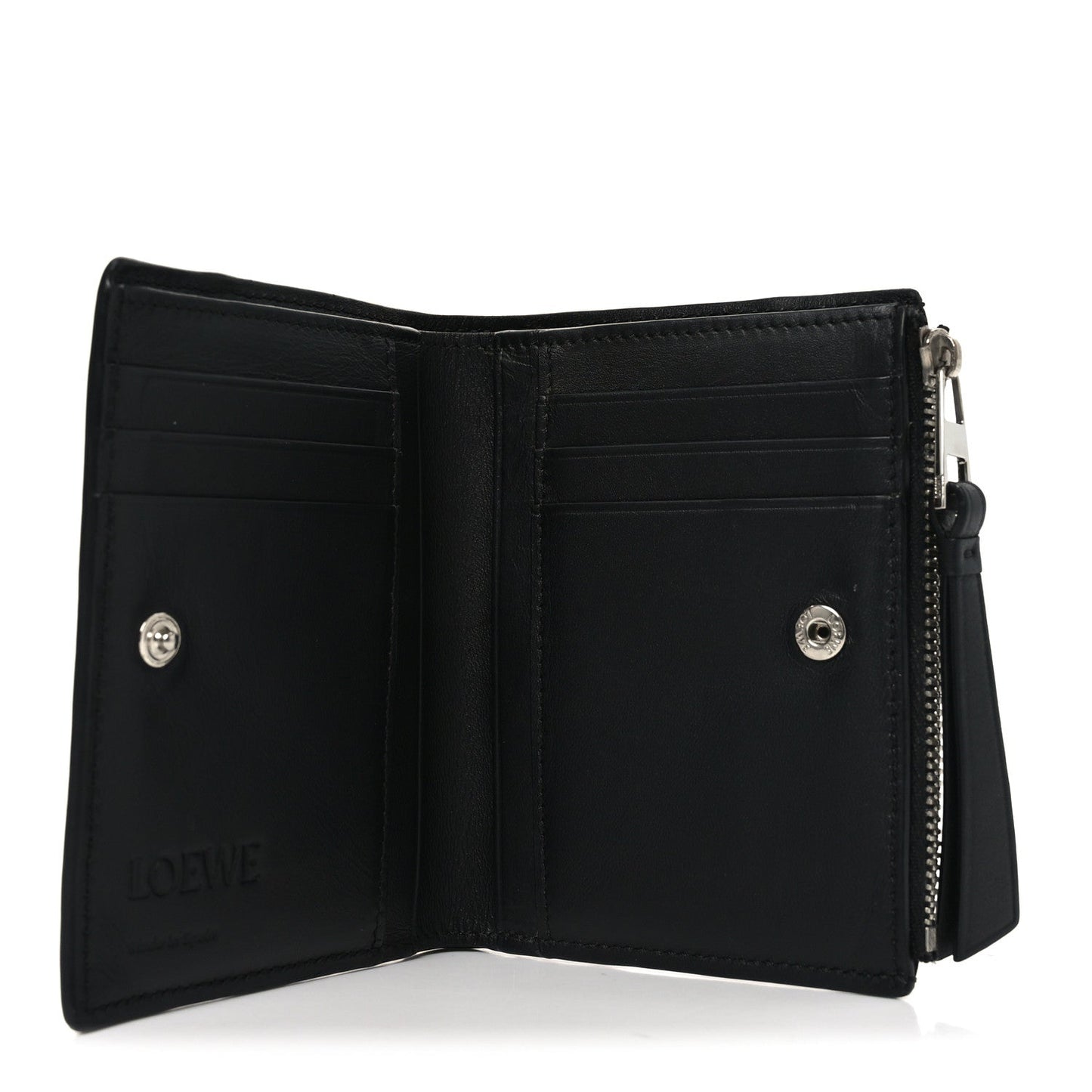 Calfskin Puzzle Zip Slim Compact Bi-Fold Wallet Black