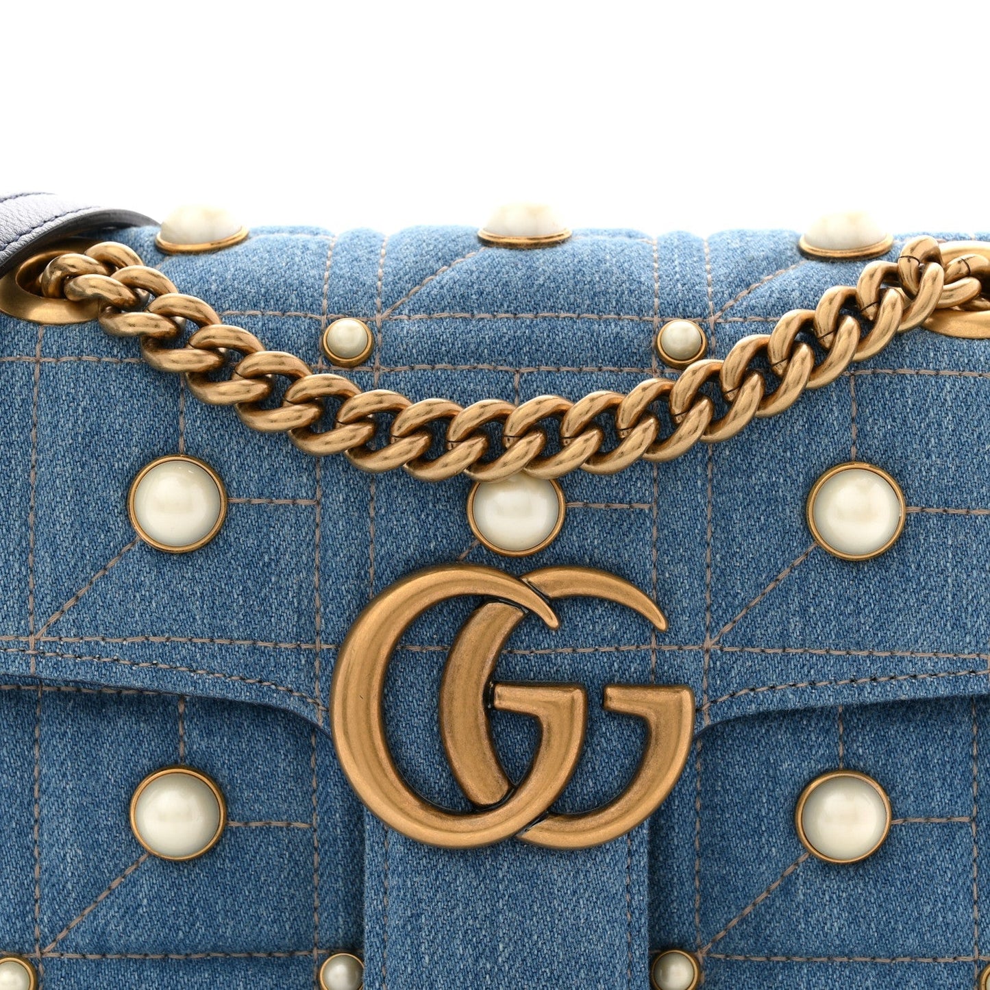Denim Matelasse Pearl Studded Mini GG Marmont Shoulder Bag Blue