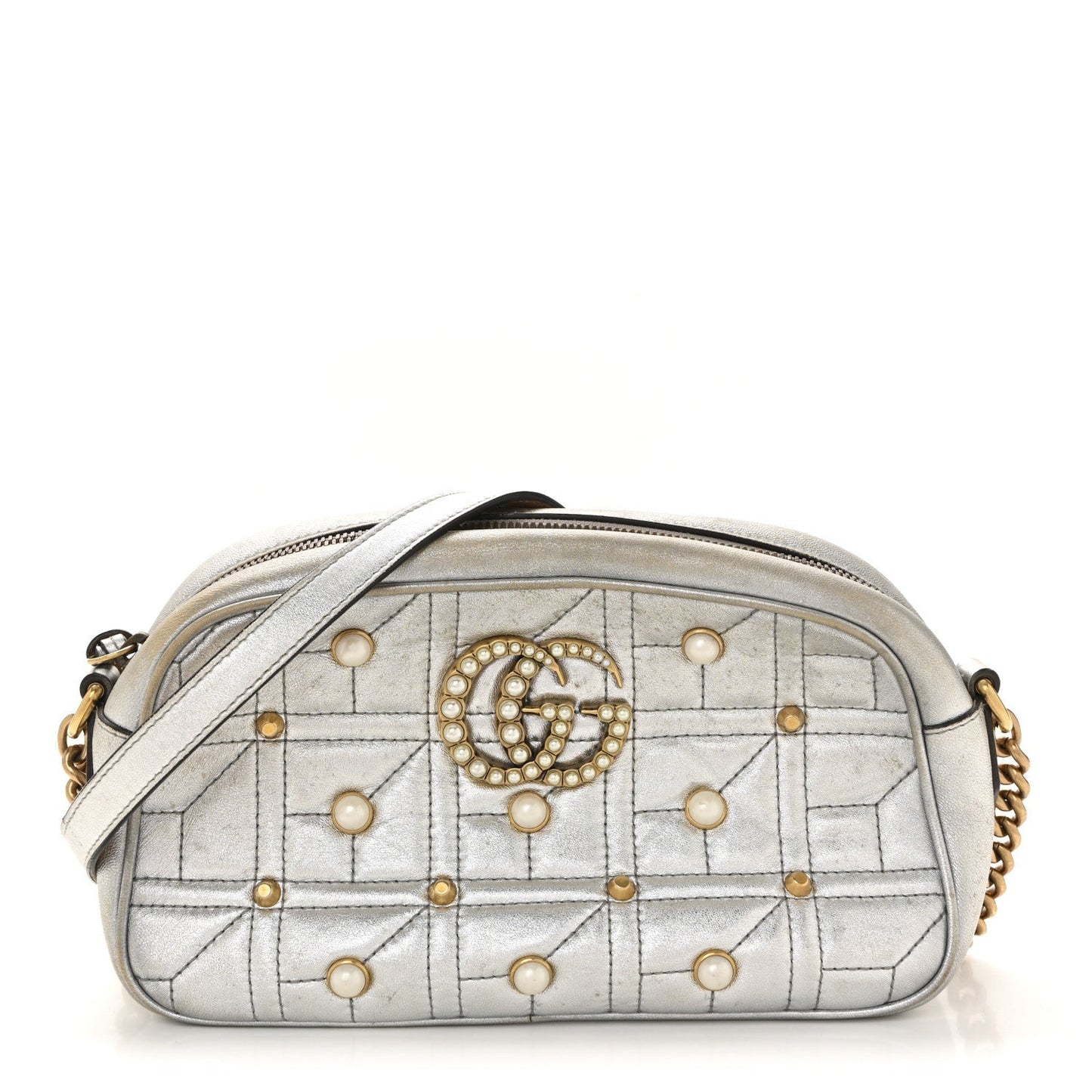 Metallic Calfskin Matelasse Studded Small Pearly GG Marmont Chain Shoulder Bag Silver