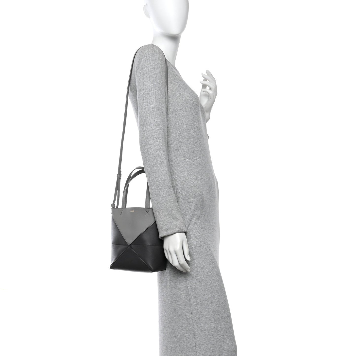 Shiny Calfskin Mini Puzzle Fold Tote Pearl Grey Dark Grey
