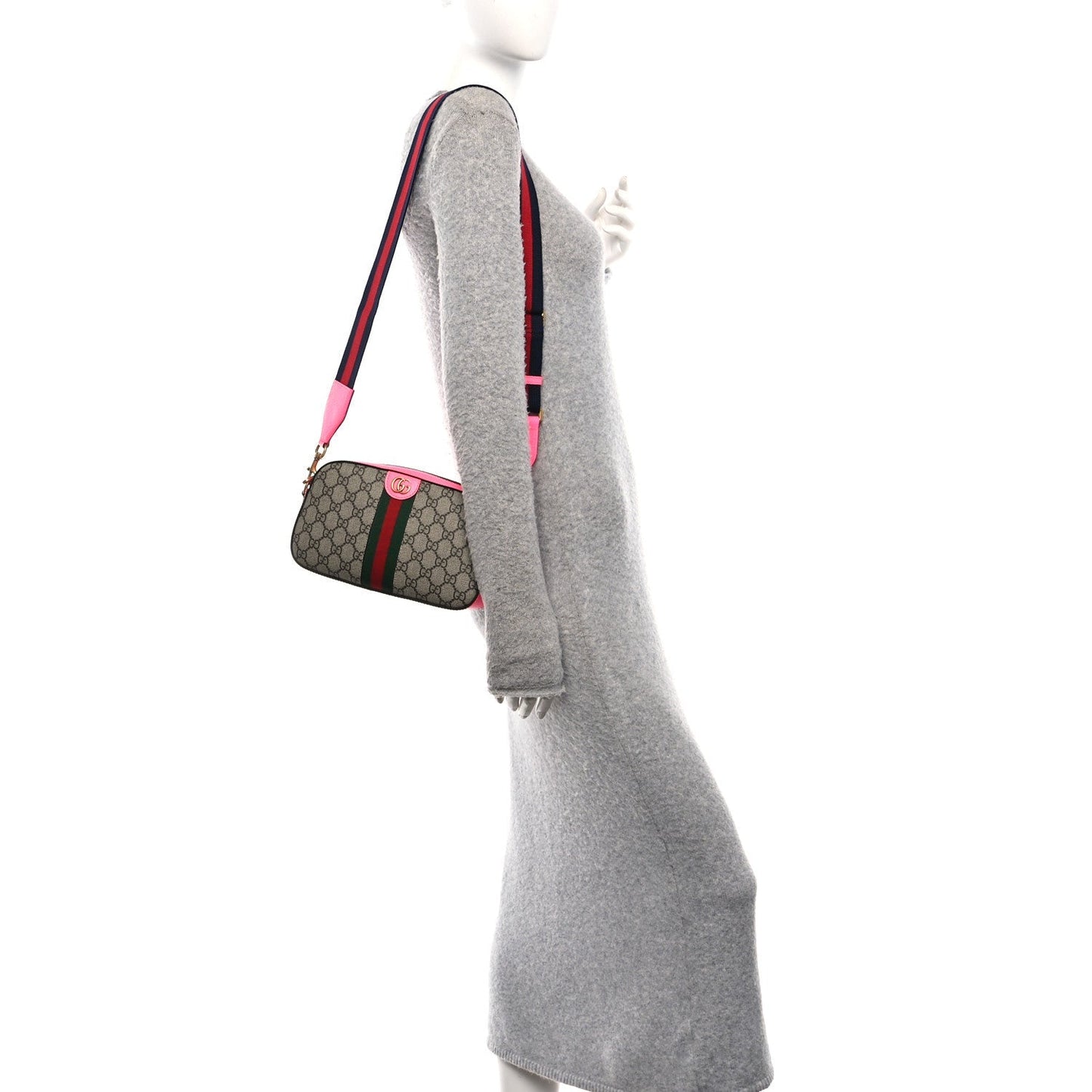 GG Supreme Monogram Textured Dollar Calfskin Web Ophidia Small Crossbody Bag Beige Ebony Fuchsia