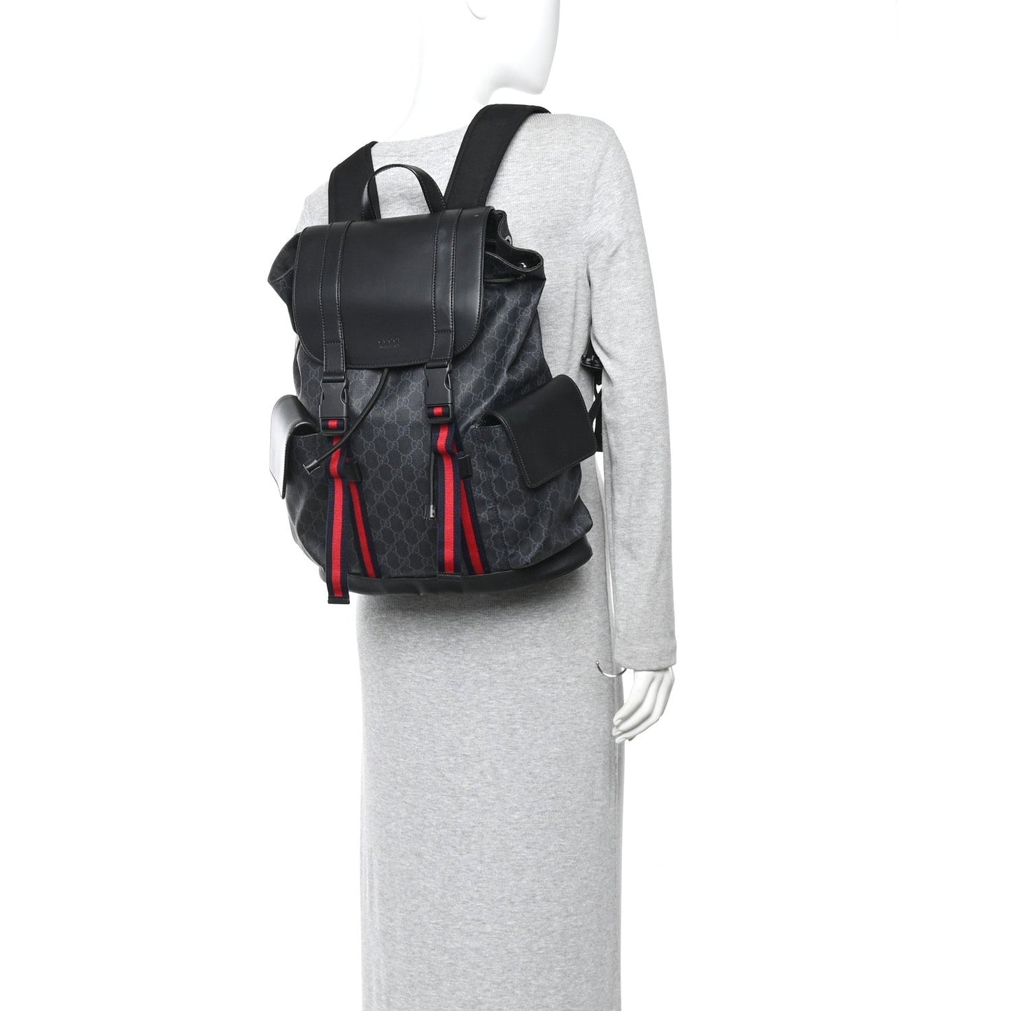Soft GG Supreme Monogram Calfskin Web Double Buckle Backpack Black