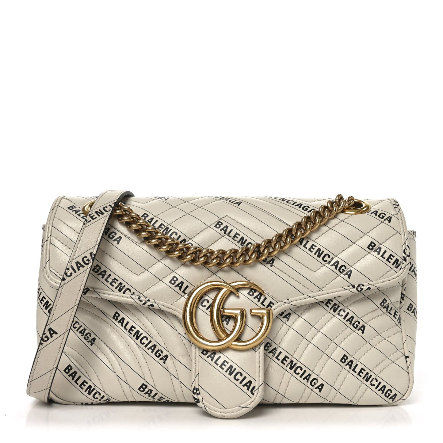 X BALENCIAGA Calfskin Matelasse Logo Print Small GG Marmont Shoulder Bag White