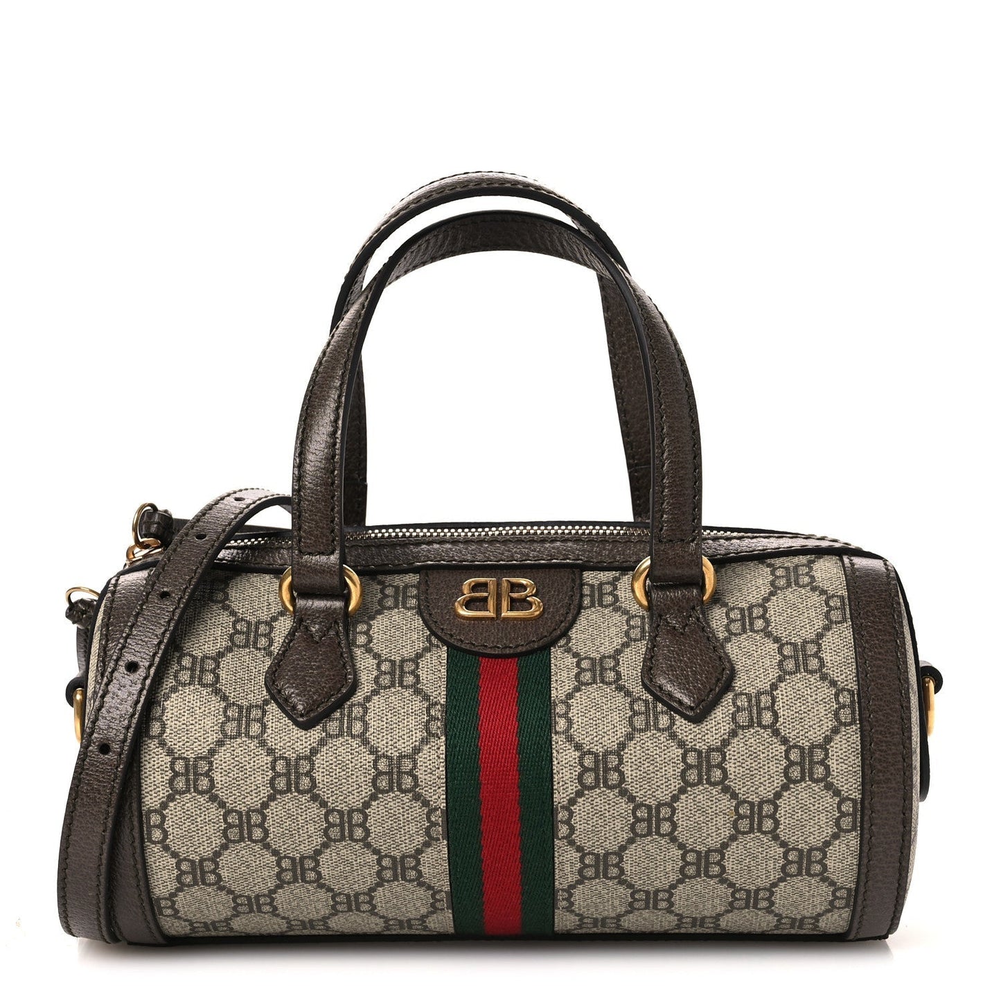 X BALENCIAGA BB Supreme Monogram Web Small Ophidia Boston Bag Beige New Acero