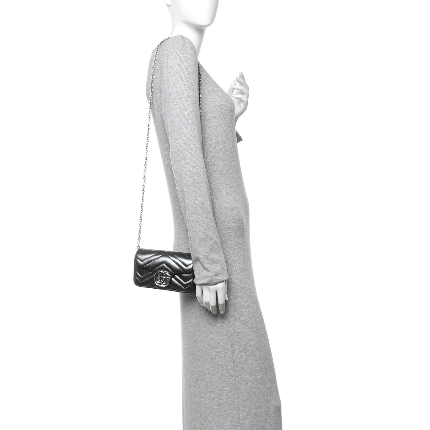 Metallic Lambskin Matelasse Mini GG Marmont Shoulder Bag Piombo