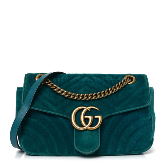 Velvet Matelasse Small GG Marmont Shoulder Bag Pavone Cyan