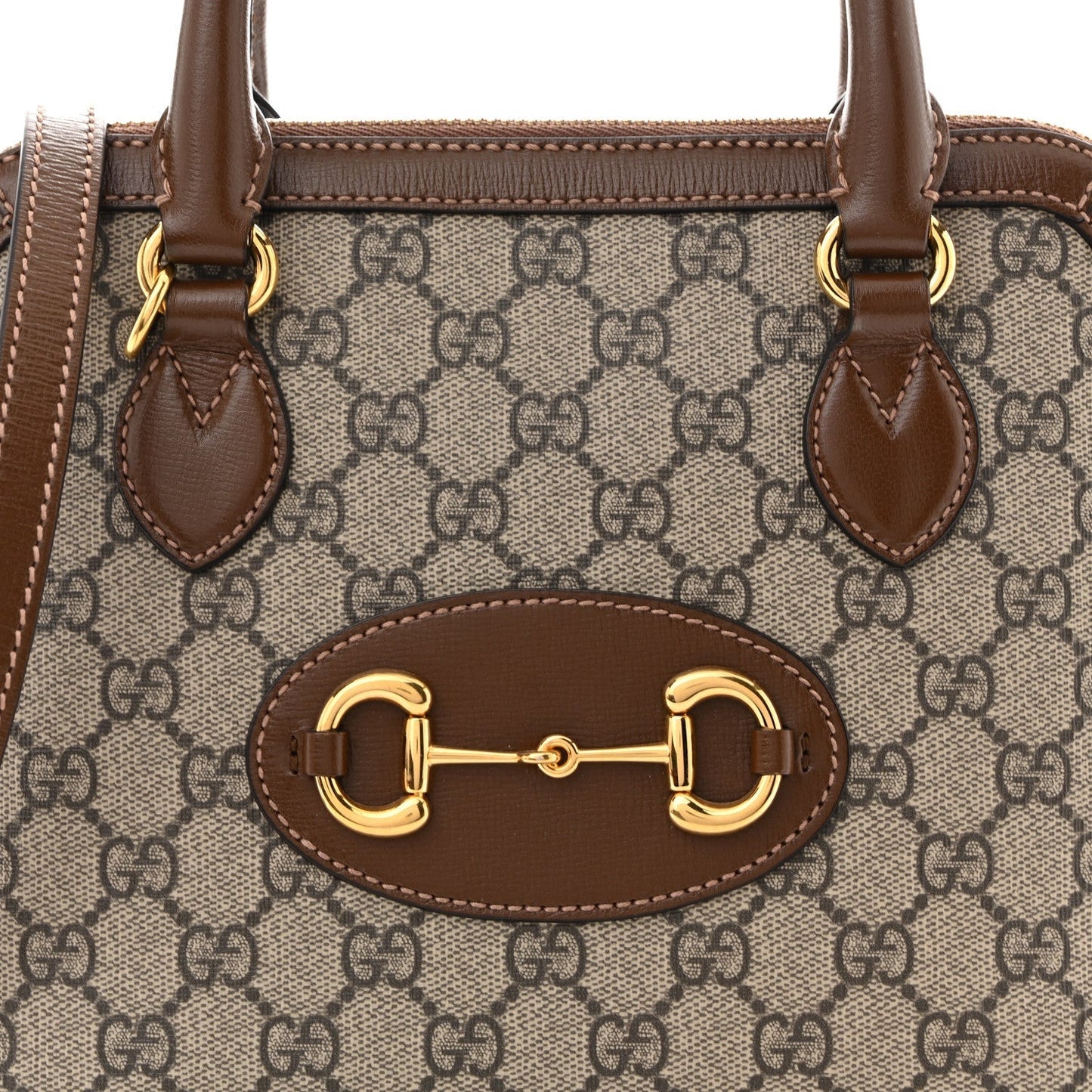 GG Supreme Monogram Azalea Calfskin Small Horsebit 1955 Top Handle Bag Beige Ebony Brown Sugar