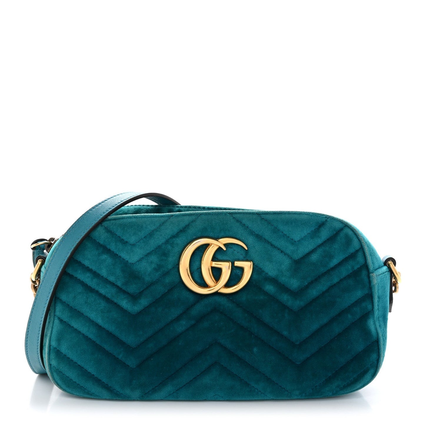 Velvet Matelasse Small GG Marmont Chain Shoulder Bag Pavone Cyan
