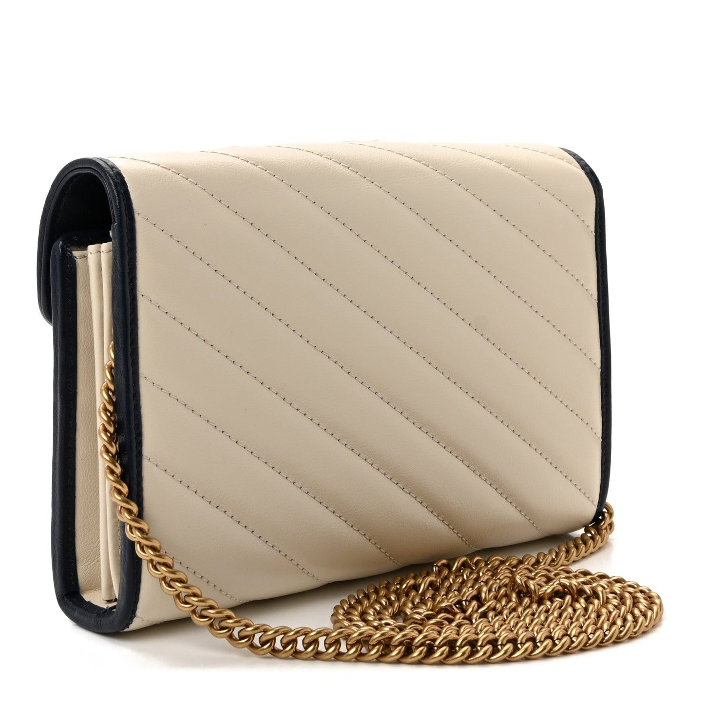 Vintage Effect Calfskin Matelasse Diagonal Torchon GG Marmont Chain Wallet Mystic White Blue Agata
