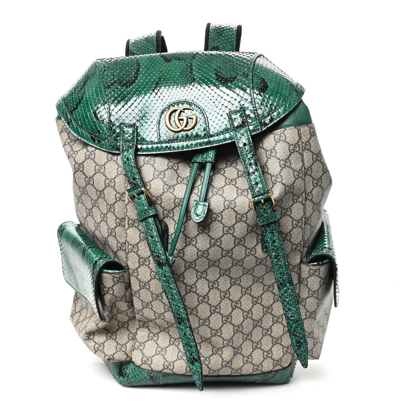 GG Supreme Monogram Snakeskin Ophidia Double Buckle Backpack Brown Green