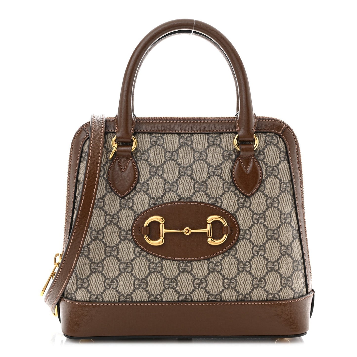 GG Supreme Monogram Azalea Calfskin Small Horsebit 1955 Top Handle Bag Beige Ebony Brown Sugar