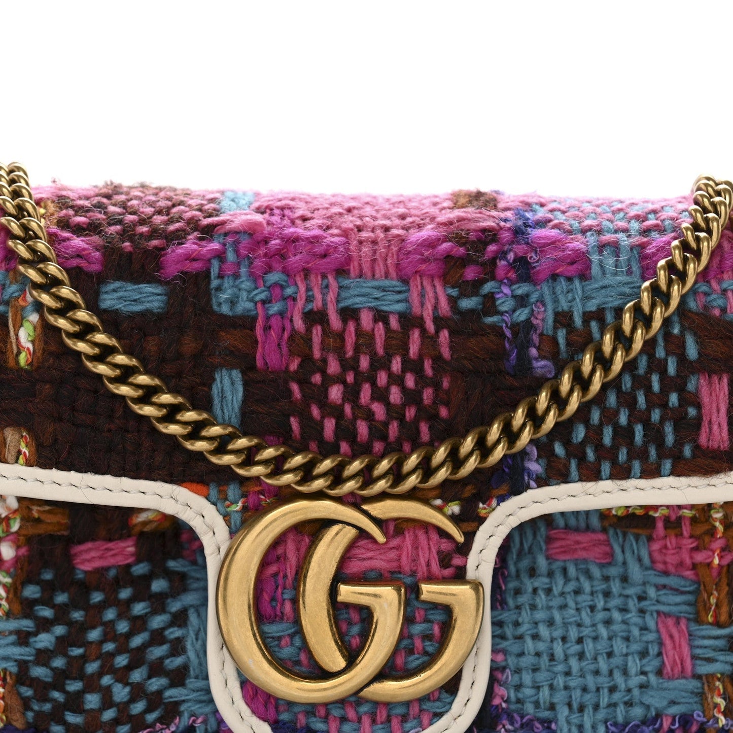 Tweed Calfskin Spicy Check Super Mini GG Marmont Shoulder Bag Pink Multicolor Mystic White