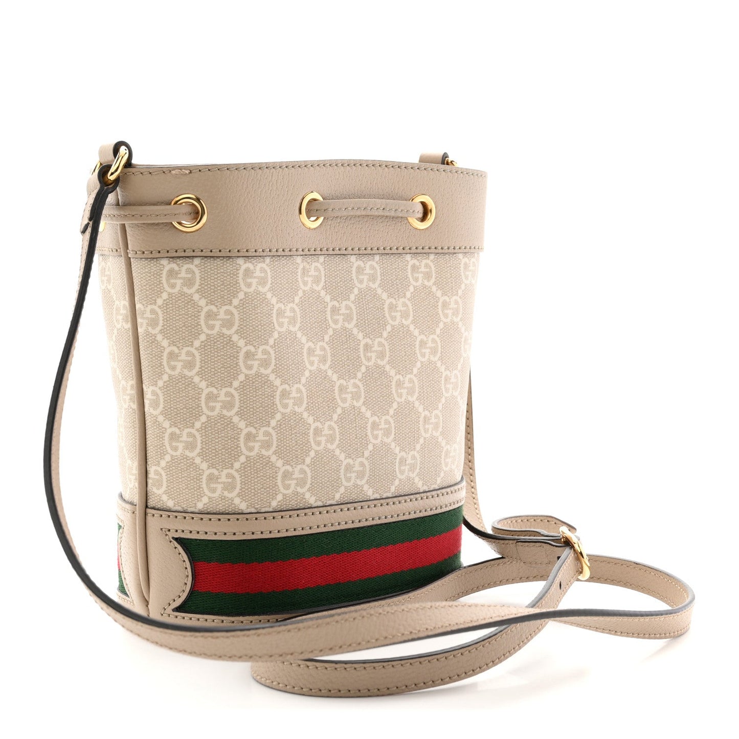 GG Supreme Monogram Textured Calfskin Web Mini Ophidia Bucket Bag Beige Ebony Mystic White Oatmeal