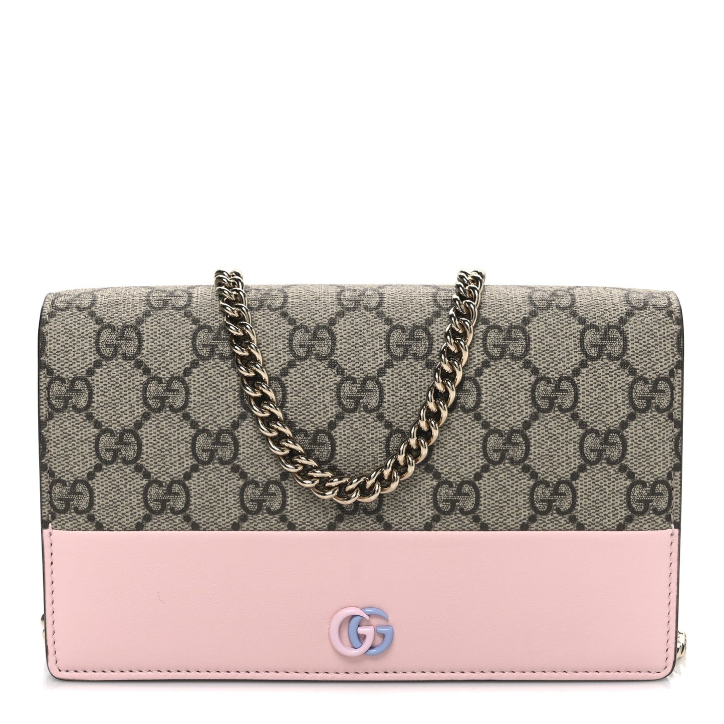 GG Supreme Monogram Textured Dollar Calfskin Mini GG Marmont Chain Wallet Light Pink Blue Beige